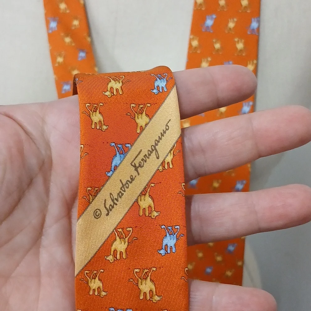 Salvatore Ferragamo Orange Silk Tie with Blue and Yellow Camels